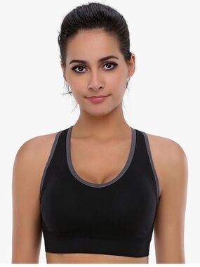 Seamless Black Sports Bra with Gray Trim - Supportive Racerback
